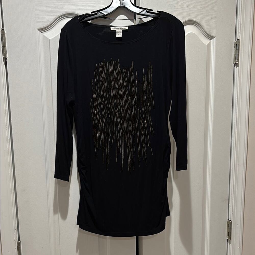 Kenneth Cole L Black Long Sleeve Top with Gold Accents rushing on sides euc